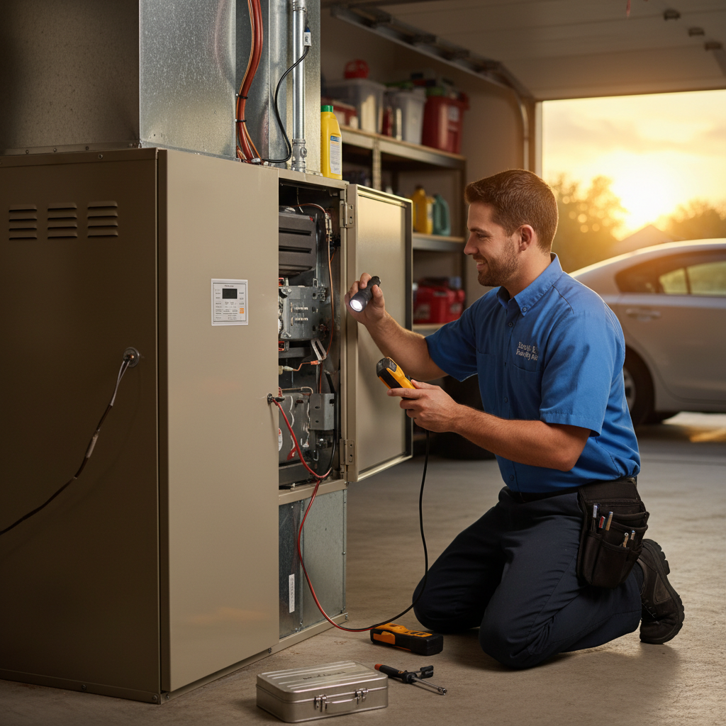 Boost My Air technician inspecting a modern furnace in a Grand Prairie, TX home, DFW metroplex.