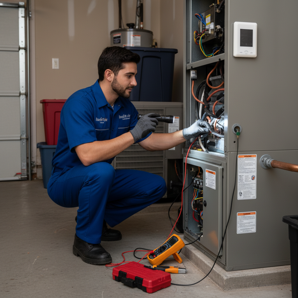 Boost My Air technician inspecting a residential furnace during a heating service call in the DFW metroplex, TX.