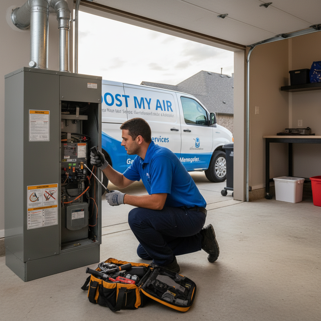 Boost My Air technician inspecting a residential furnace for HVAC service in the DFW metroplex, TX.
