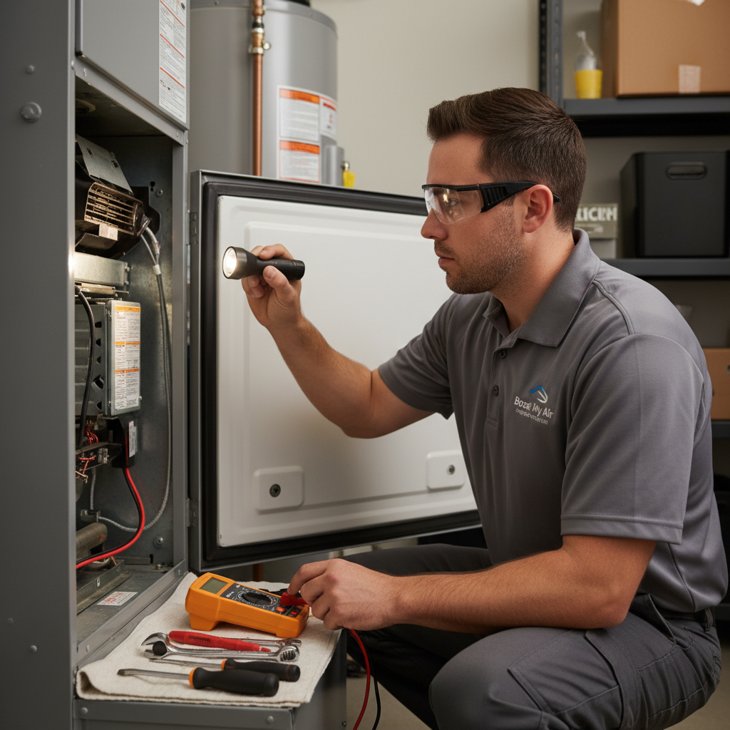 Boost My Air technician inspecting a residential furnace for heating service in the DFW metroplex, TX.