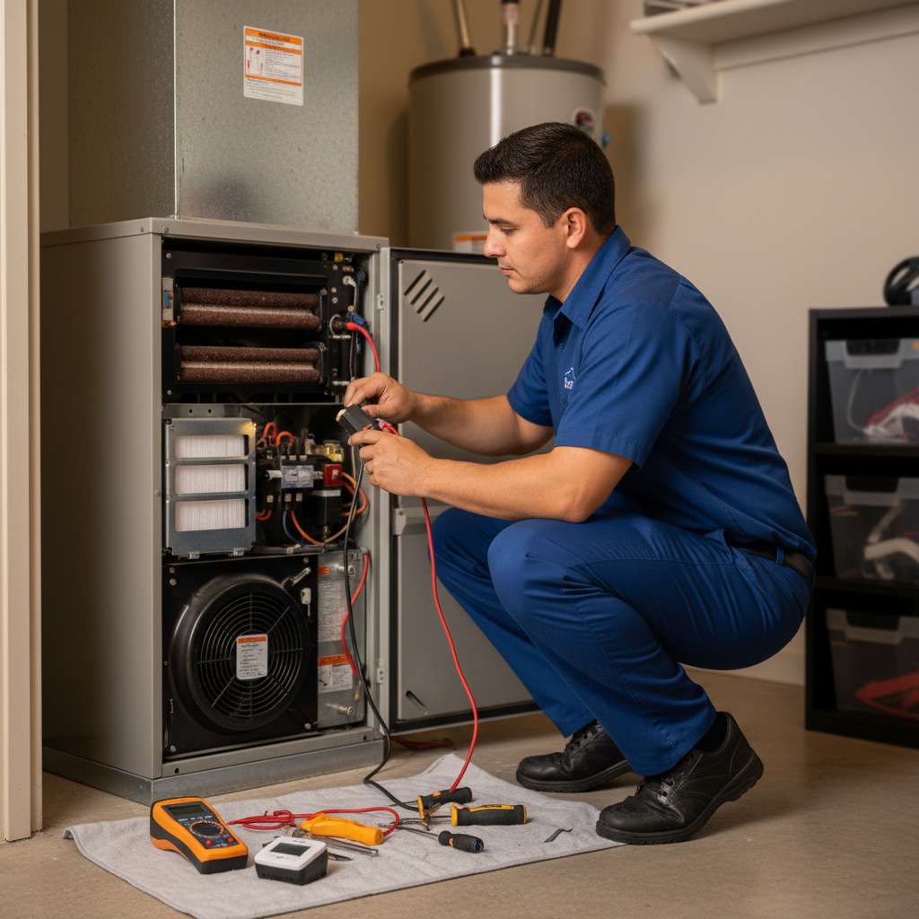 Boost My Air technician inspecting a residential furnace for heating service in the DFW metroplex, TX.