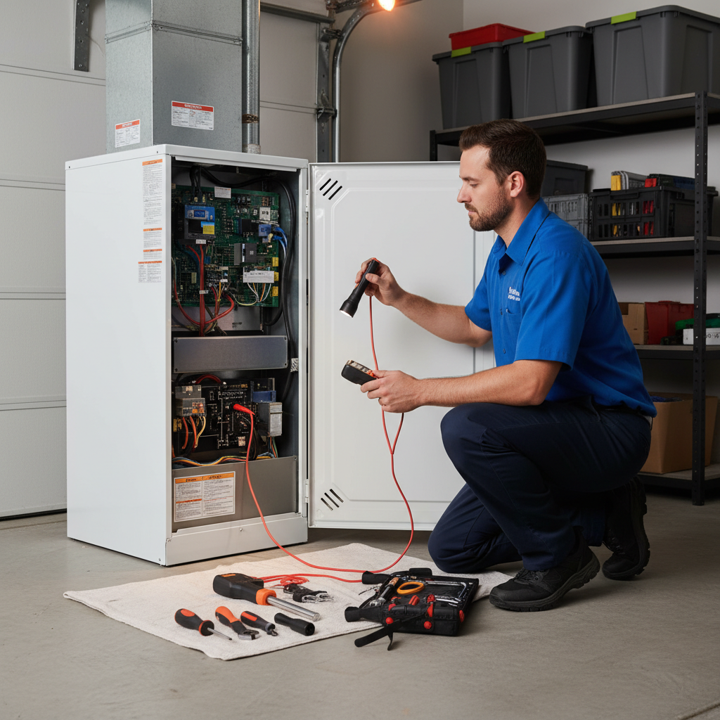 Boost My Air technician inspecting a residential furnace for heating service in Grand Prairie, DFW metroplex.