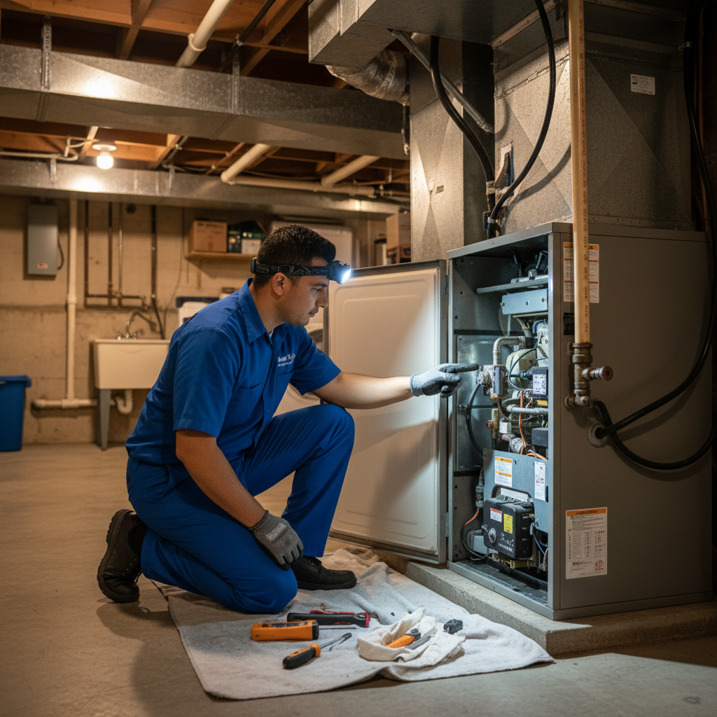 Boost My Air technician inspecting a residential furnace in a Grand Prairie, TX, DFW metroplex basement.