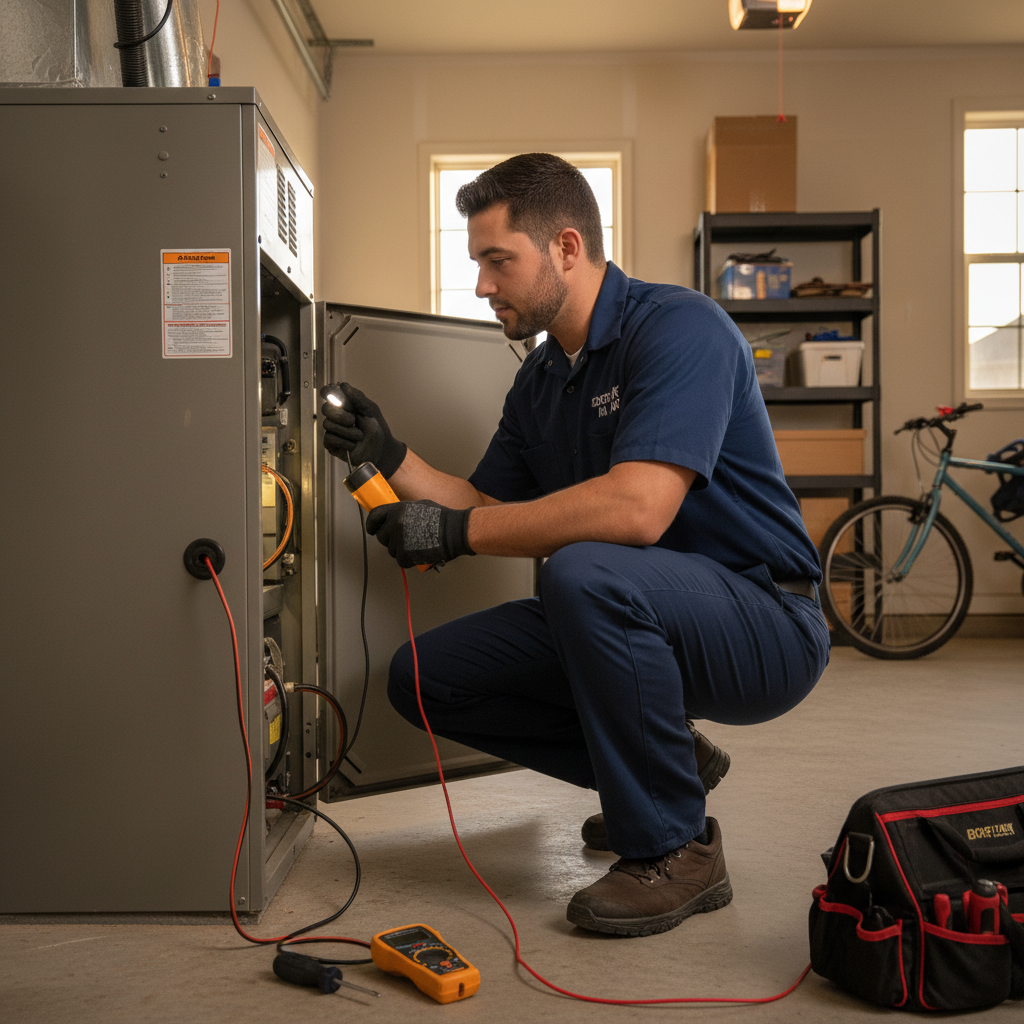 Boost My Air technician inspecting a residential furnace in a Grand Prairie, TX home.