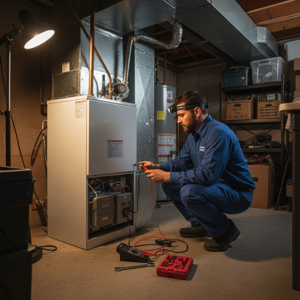 Boost My Air technician inspecting a residential furnace in a Grand Prairie, TX home.
