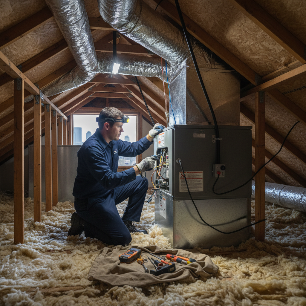 Boost My Air technician inspecting a residential furnace in a Grand Prairie, TX attic in DFW metroplex.