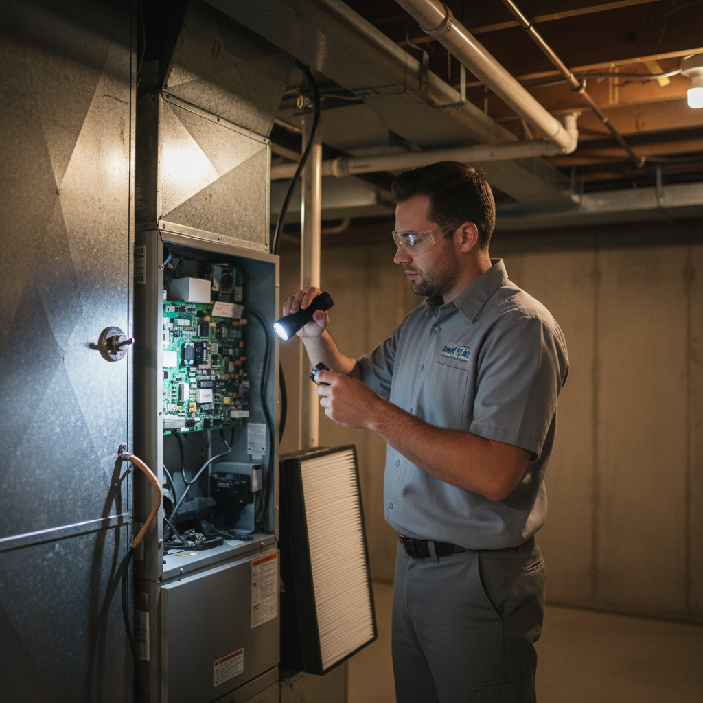 Boost My Air technician inspecting a residential furnace in a DFW metroplex, TX basement.