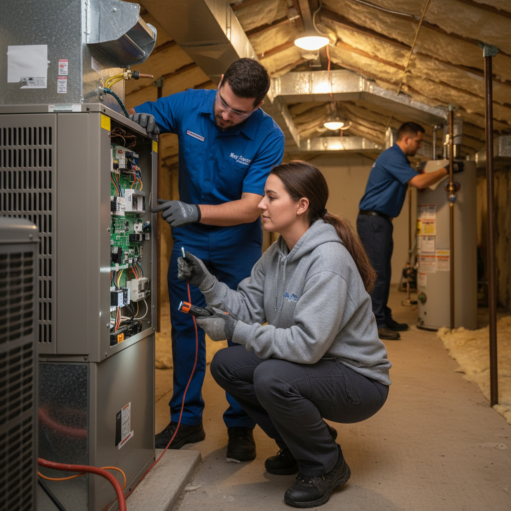 Boost My Air technician inspecting a residential HVAC system in Grand Prairie, TX.