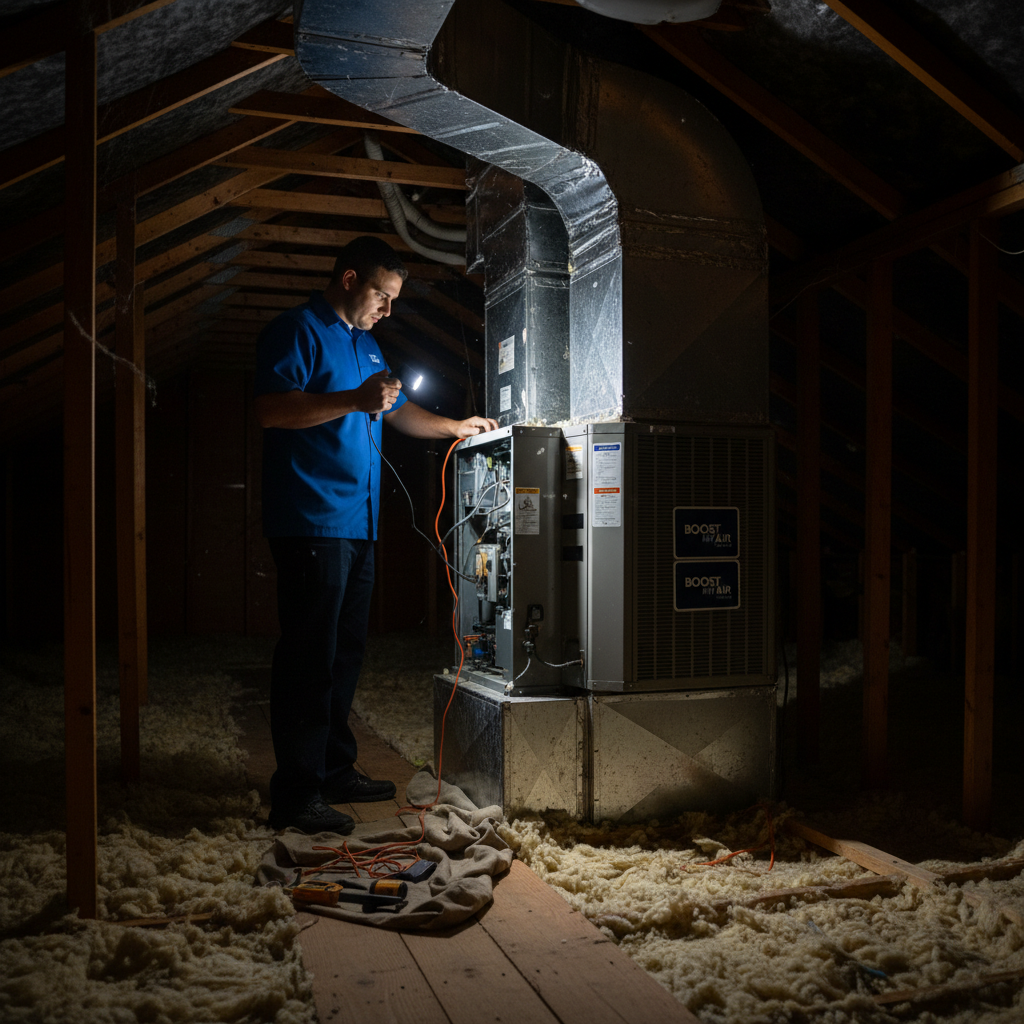 Boost My Air technician inspecting an air handler for HVAC service in a Grand Prairie, TX attic.