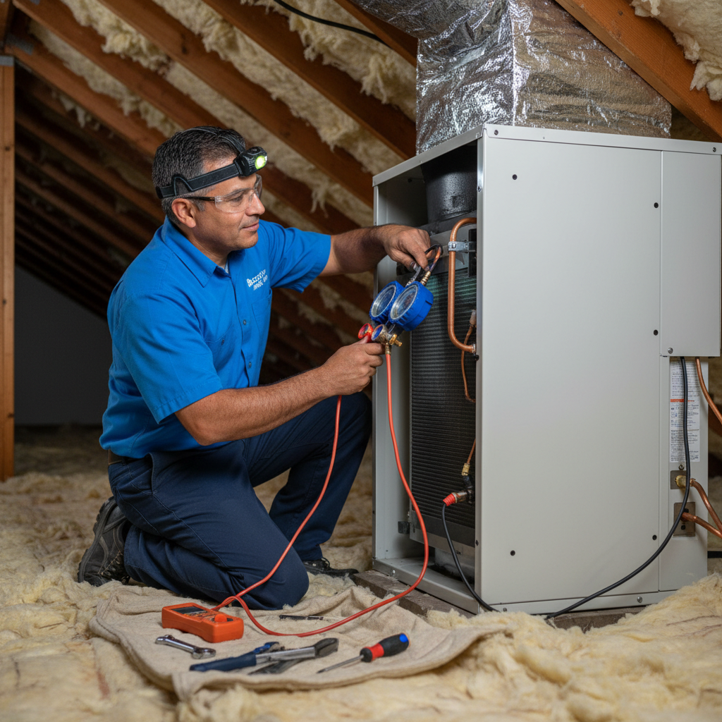 Boost My Air technician inspecting an air handler inside a DFW metroplex home, ensuring optimal HVAC function.