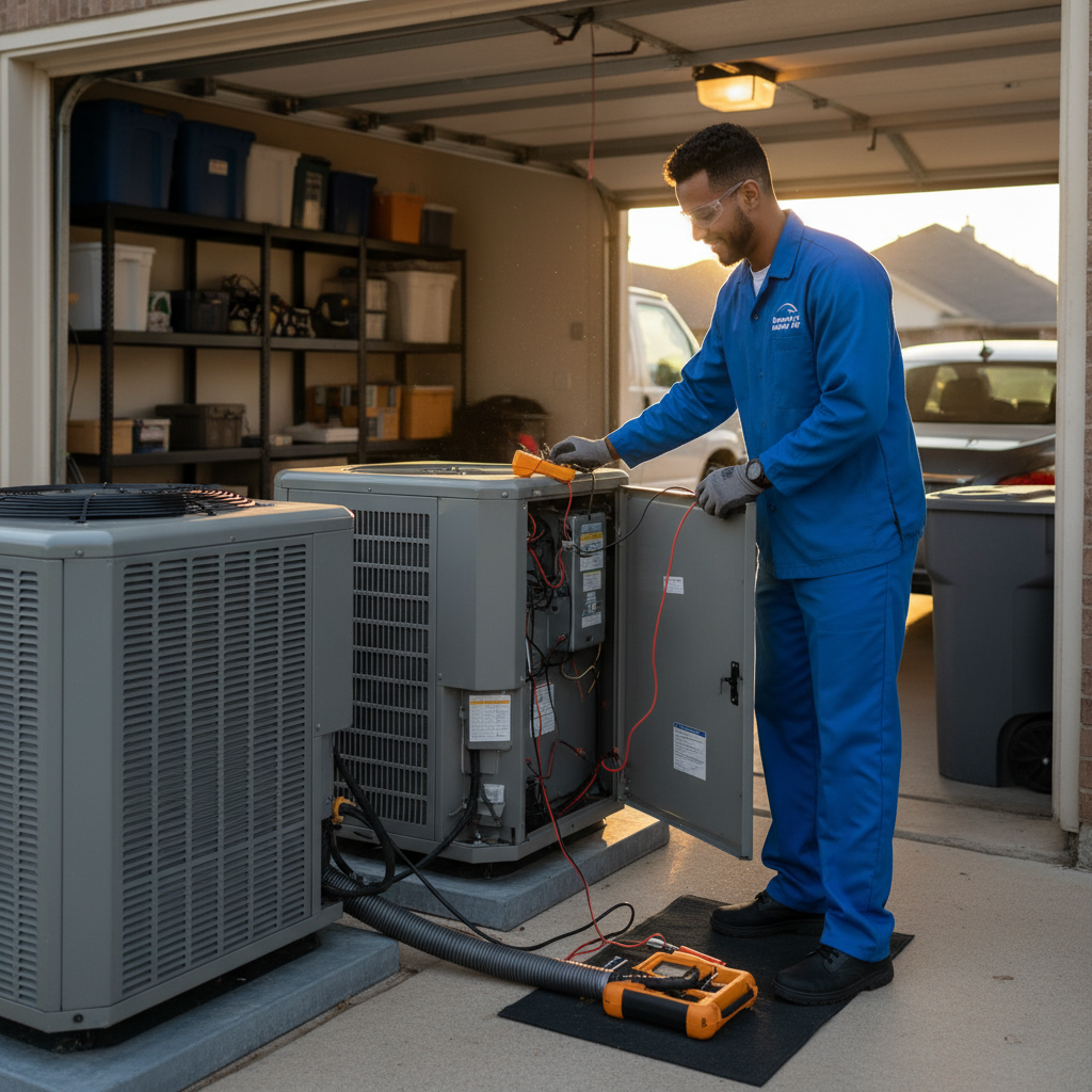 Boost My Air technician inspecting an HVAC unit in a Grand Prairie, TX home.