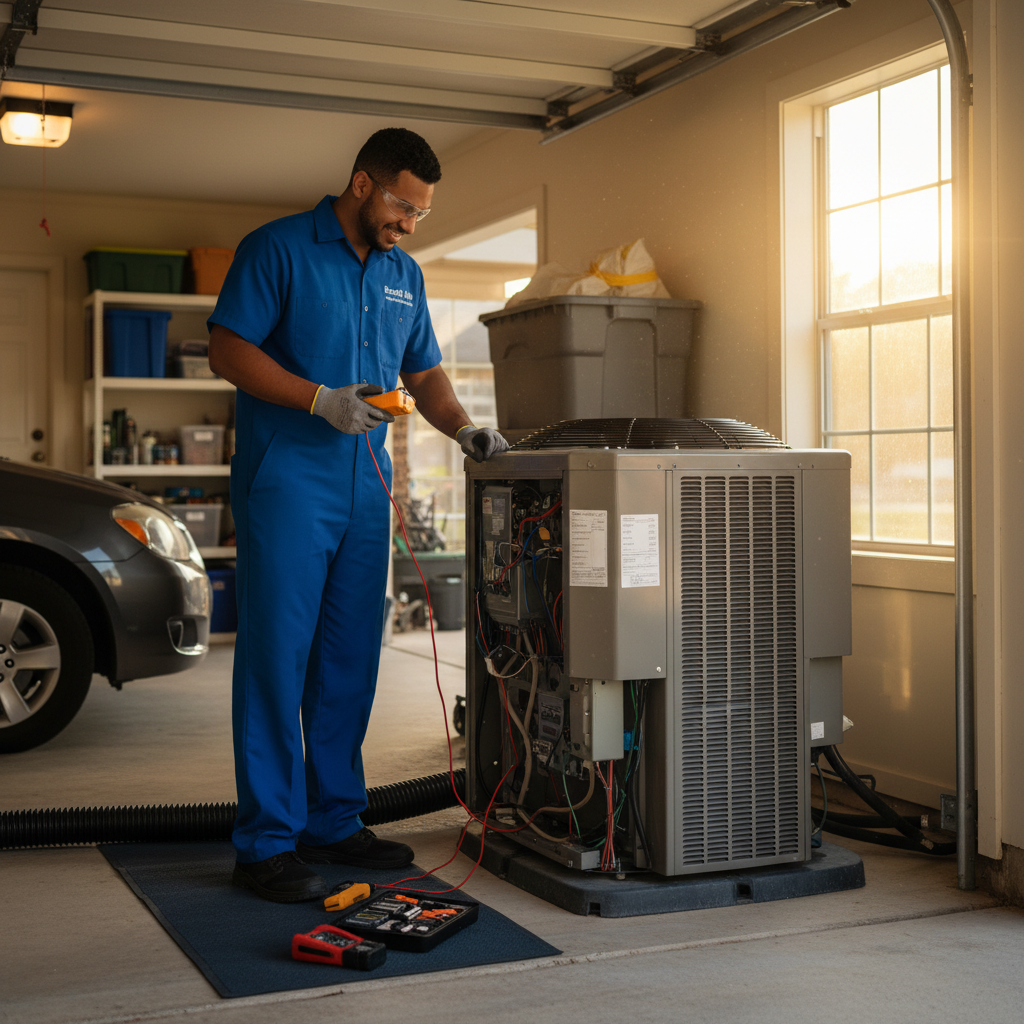 Boost My Air technician inspecting an HVAC unit in a Grand Prairie, TX home.