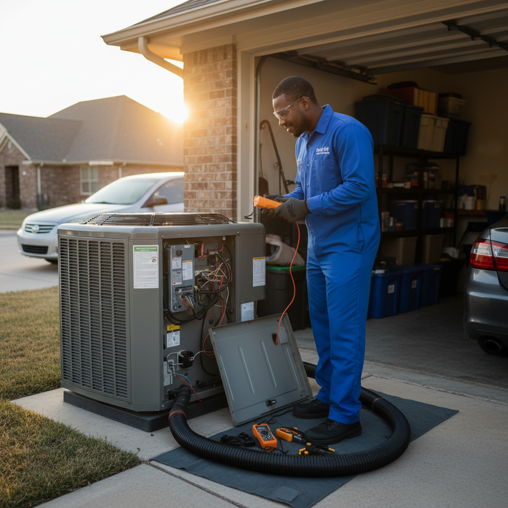 Boost My Air technician inspecting an HVAC unit in a Grand Prairie, TX home.