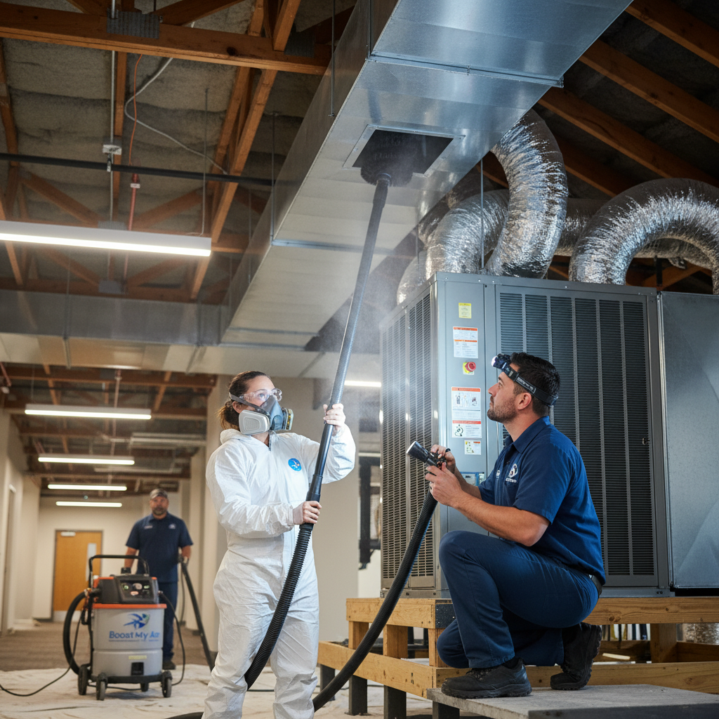 Boost My Air technician inspecting an HVAC unit in a Grand Prairie, TX home.