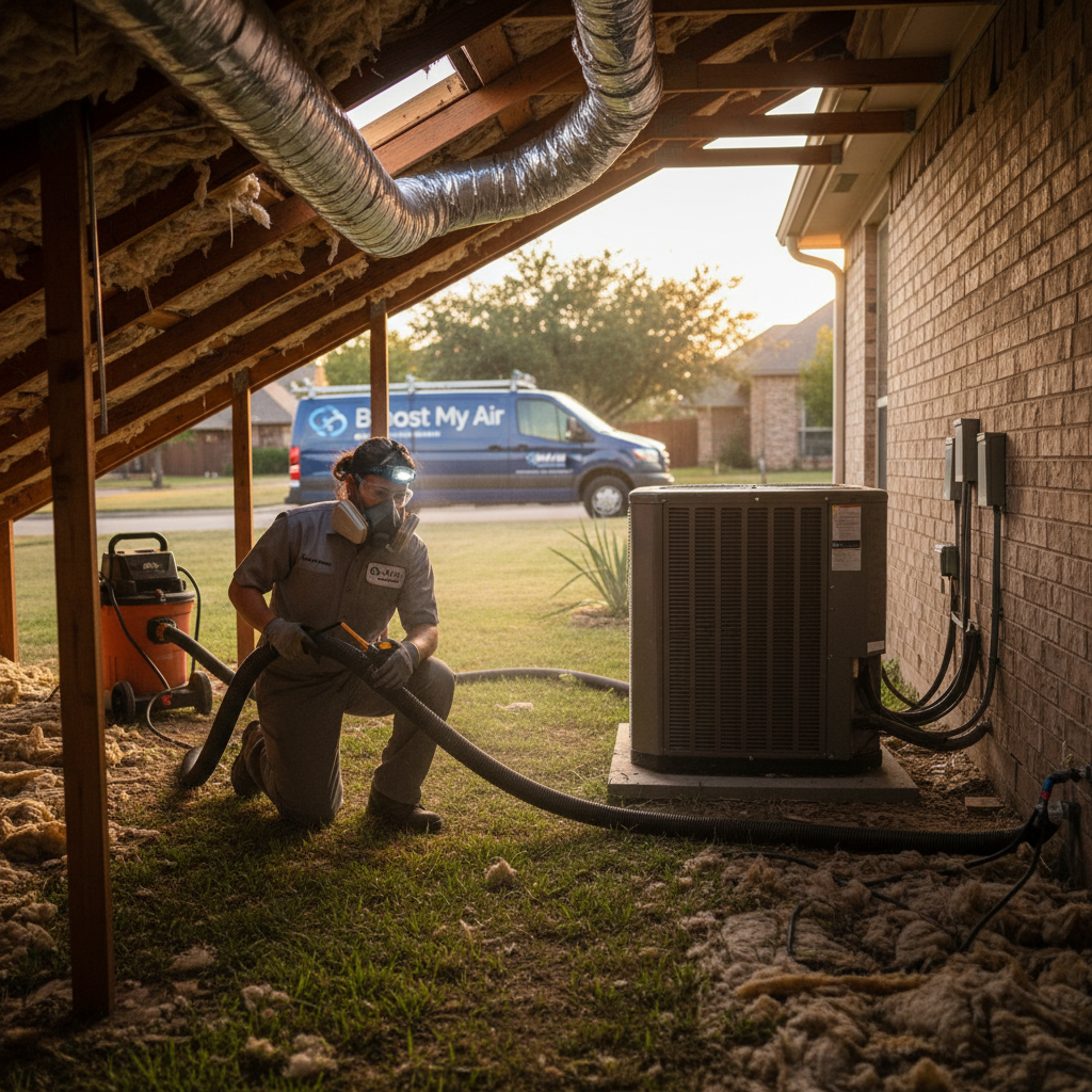 Boost My Air technician inspecting an HVAC unit in a residential home in Grand Prairie, TX.