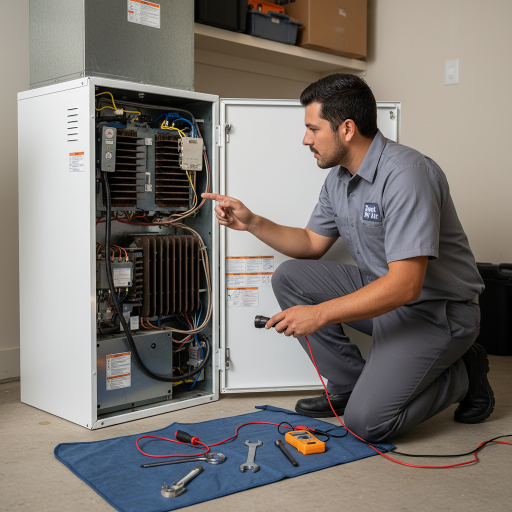 Boost My Air technician inspecting an indoor furnace for heating service in Grand Prairie, TX.