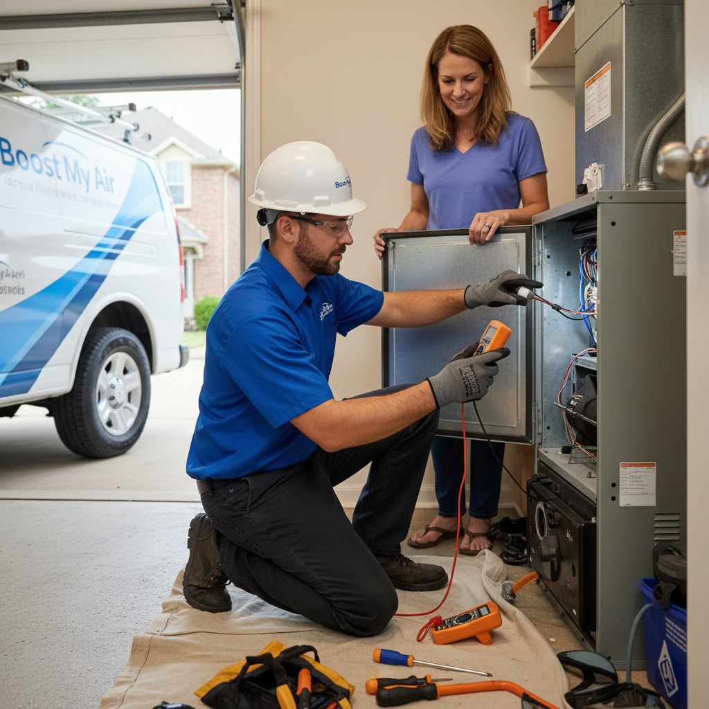 Boost My Air technician inspecting an indoor furnace unit during heating service in a DFW metroplex home.