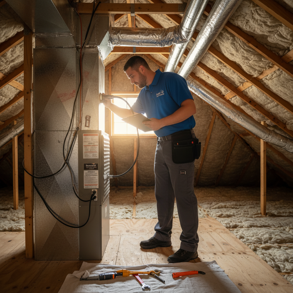 Boost My Air technician inspecting an indoor furnace unit in a DFW metroplex home.