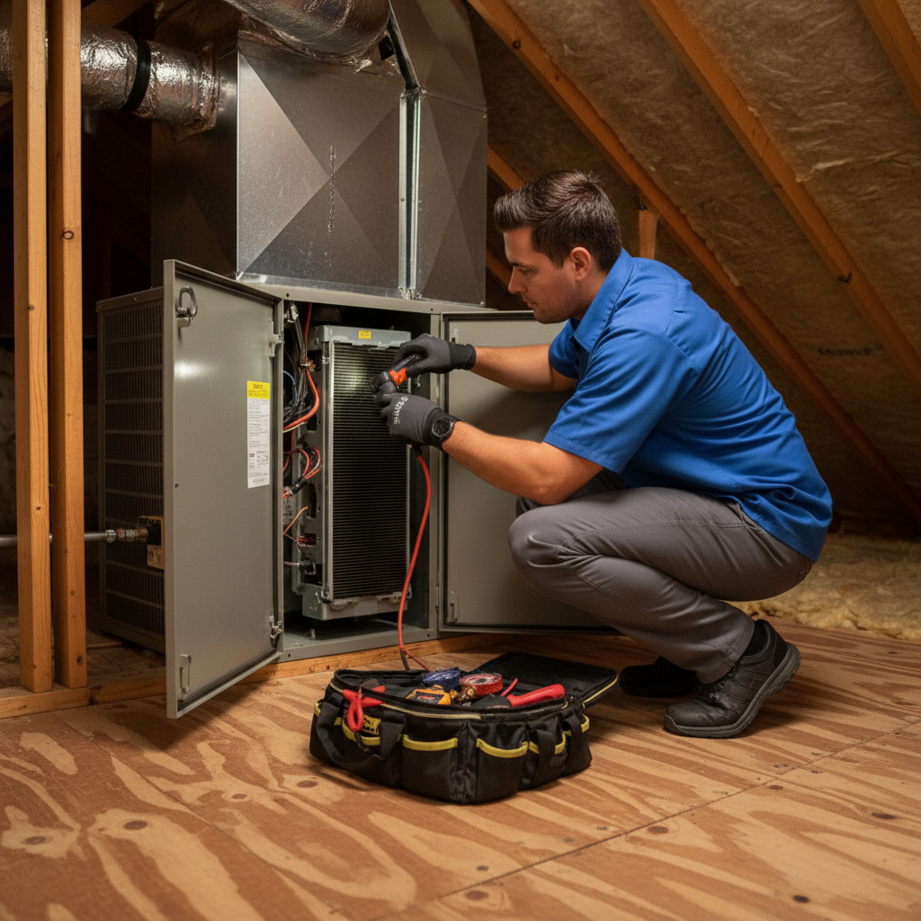 Boost My Air technician inspecting an indoor HVAC furnace system in a Grand Prairie, TX home.