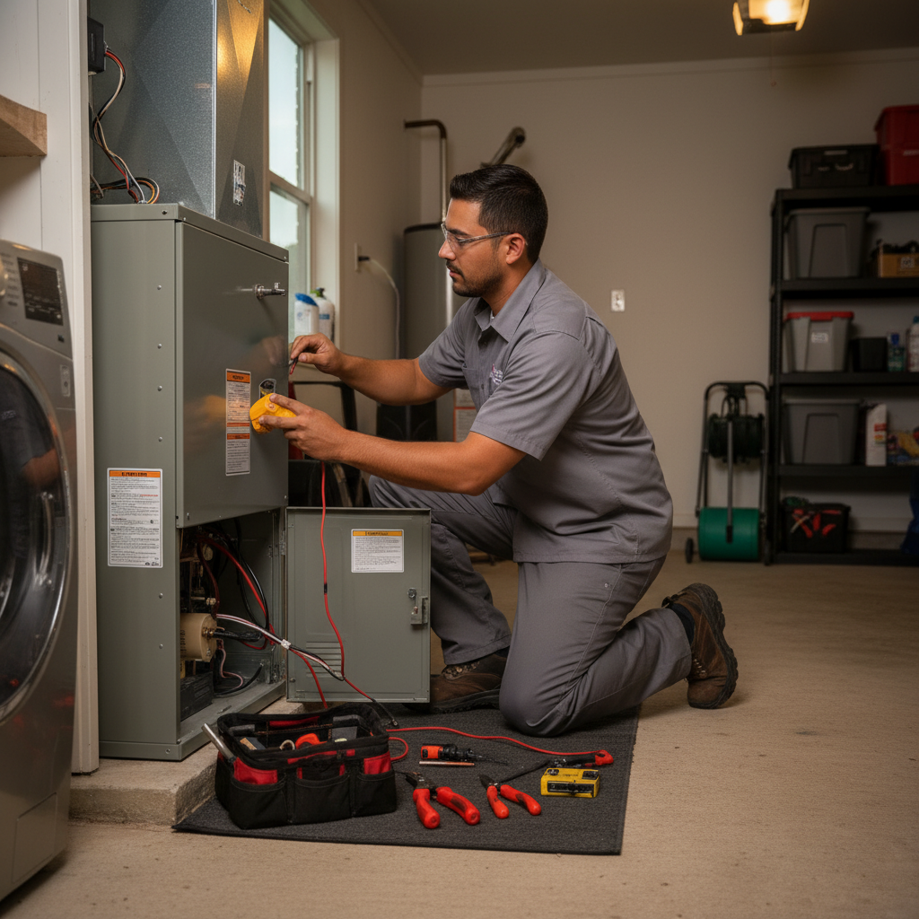 Boost My Air technician inspecting an indoor HVAC furnace system in a Grand Prairie, TX home.