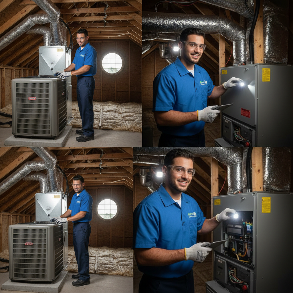 Boost My Air technician inspecting an indoor HVAC furnace unit in a Grand Prairie, TX attic.