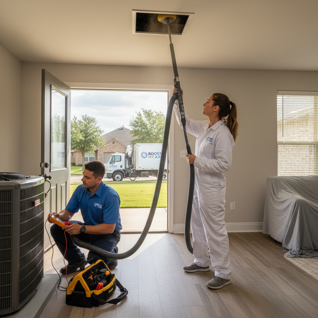 Boost My Air technician inspecting an outdoor AC unit for a home in Grand Prairie, TX.