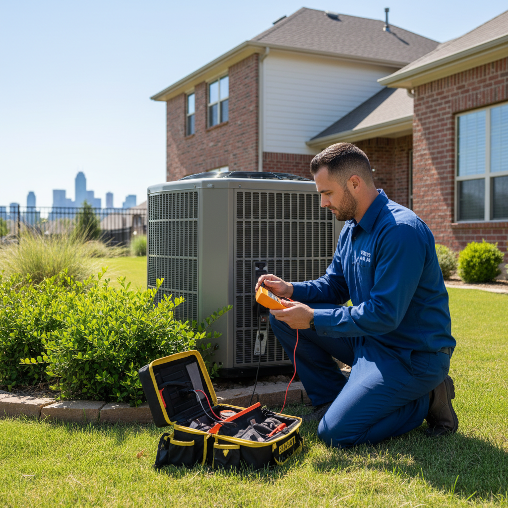 Boost My Air technician inspecting an outdoor AC unit for a home in Grand Prairie, TX.