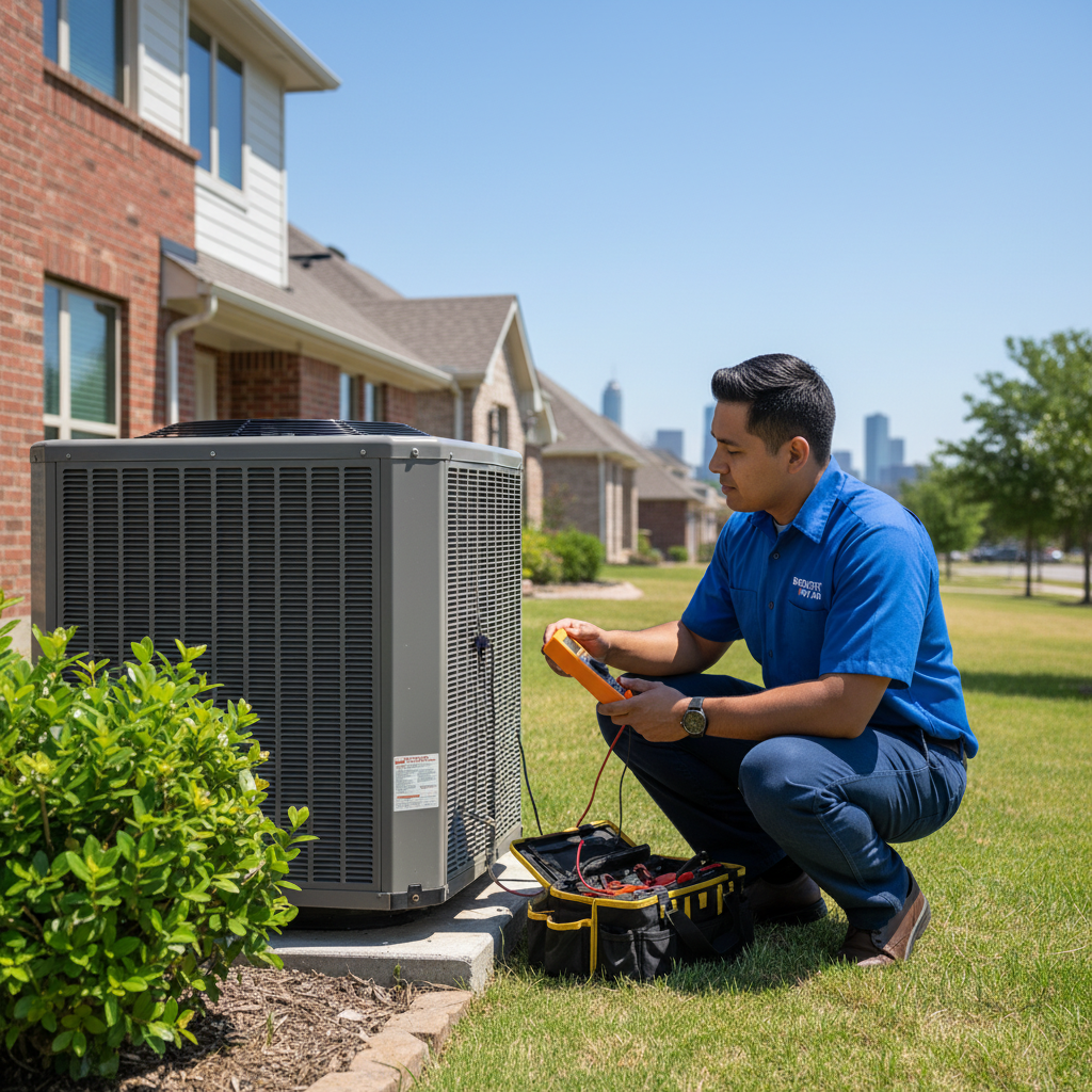 Boost My Air technician inspecting an outdoor AC unit for a home in Grand Prairie, TX.