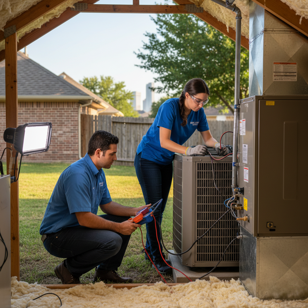 Boost My Air technician inspecting an outdoor AC unit for a Grand Prairie, TX homeowner.