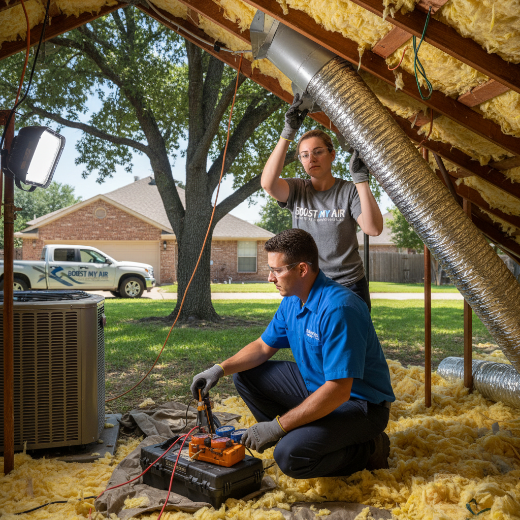 Boost My Air technician inspecting an outdoor AC unit for a home in Grand Prairie, TX.