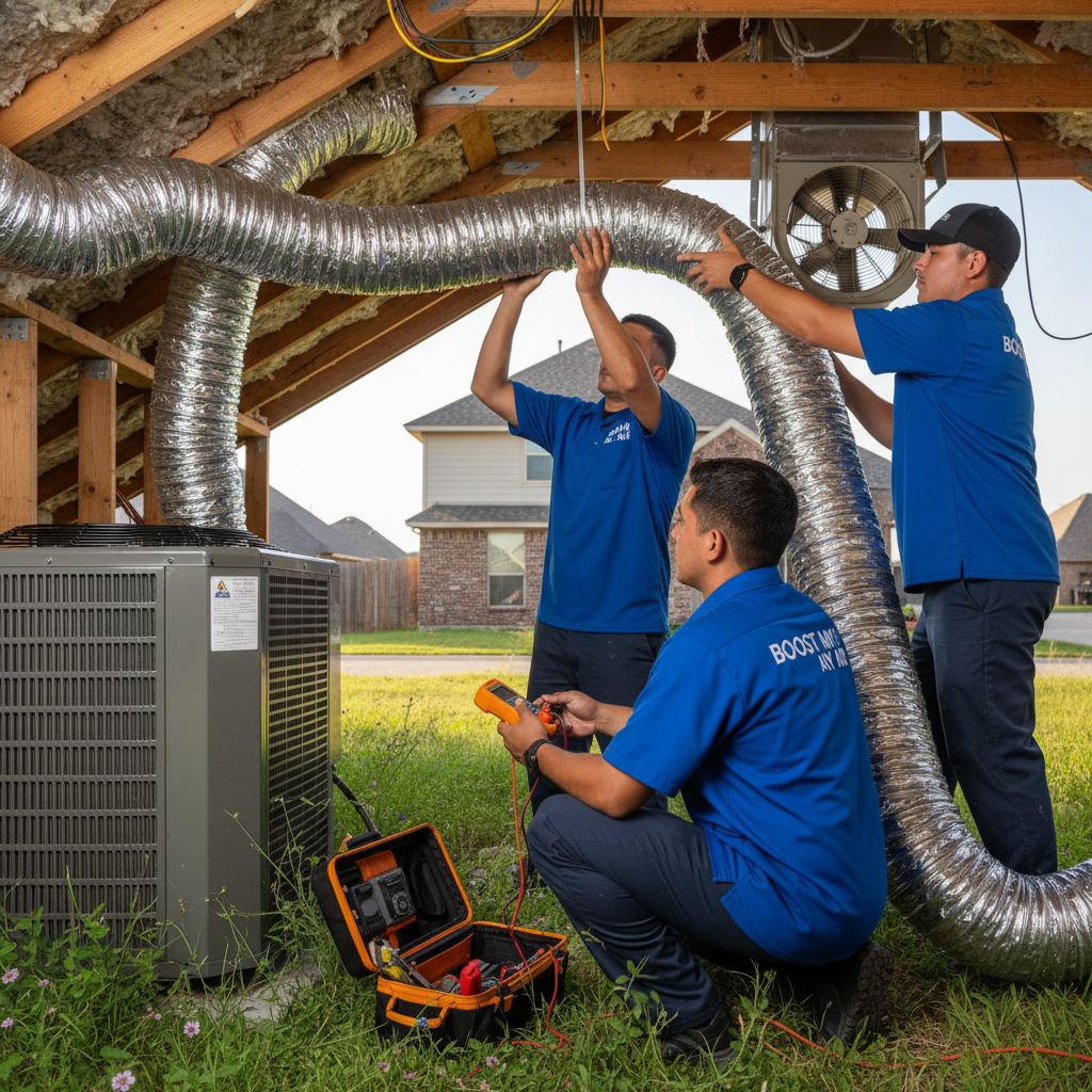 Boost My Air technician inspecting an outdoor AC unit for a home in Grand Prairie, TX.