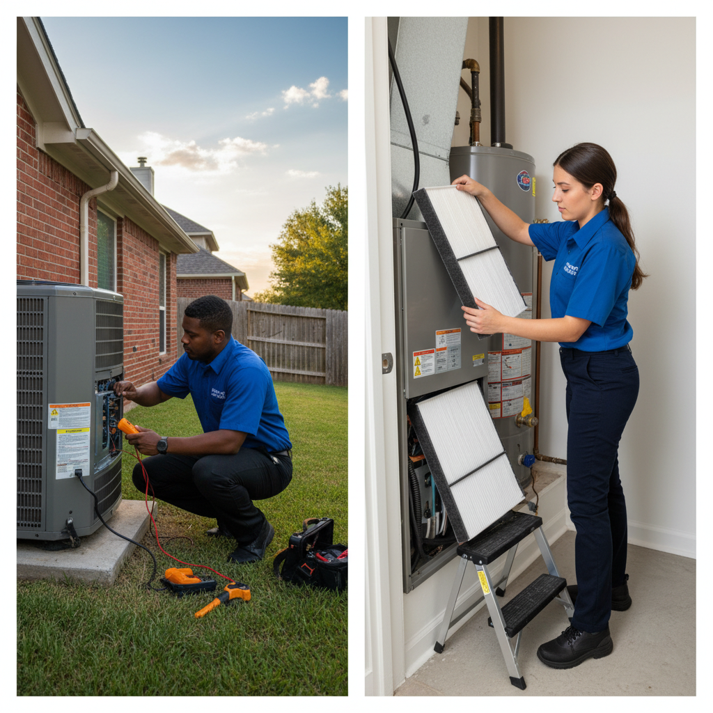 Boost My Air technician inspecting an outdoor AC unit for a Grand Prairie, TX homeowner.