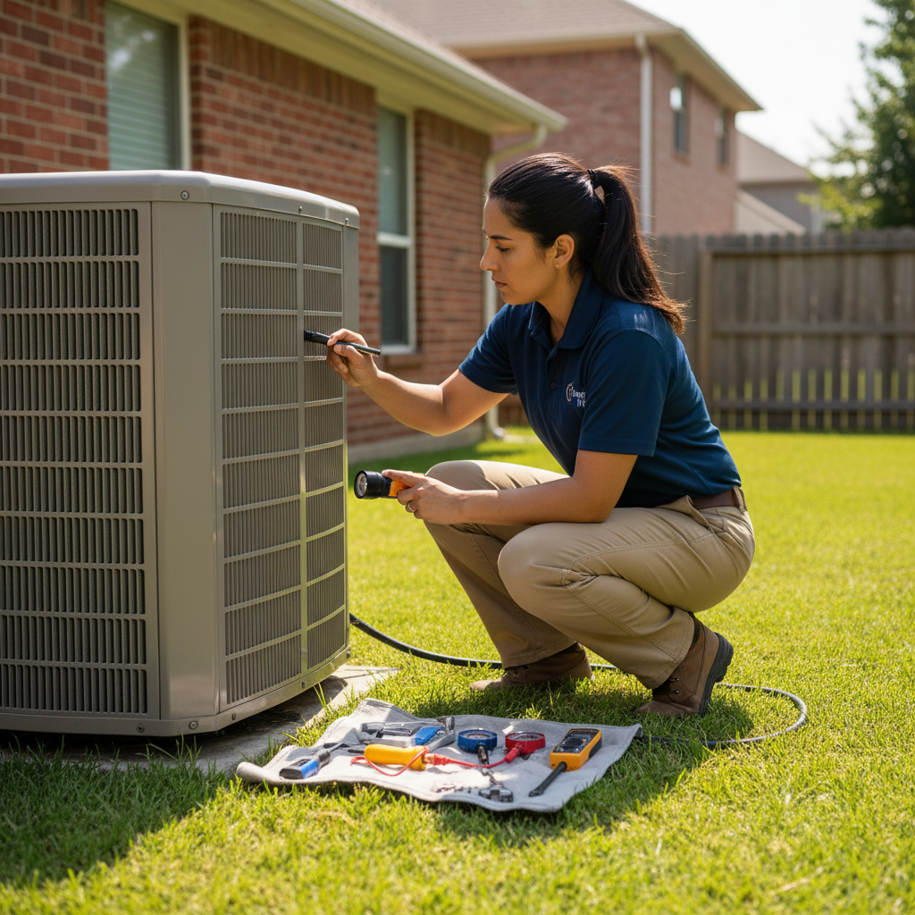 Boost My Air technician inspecting an outdoor AC unit for air conditioning service in Grand Prairie, TX.