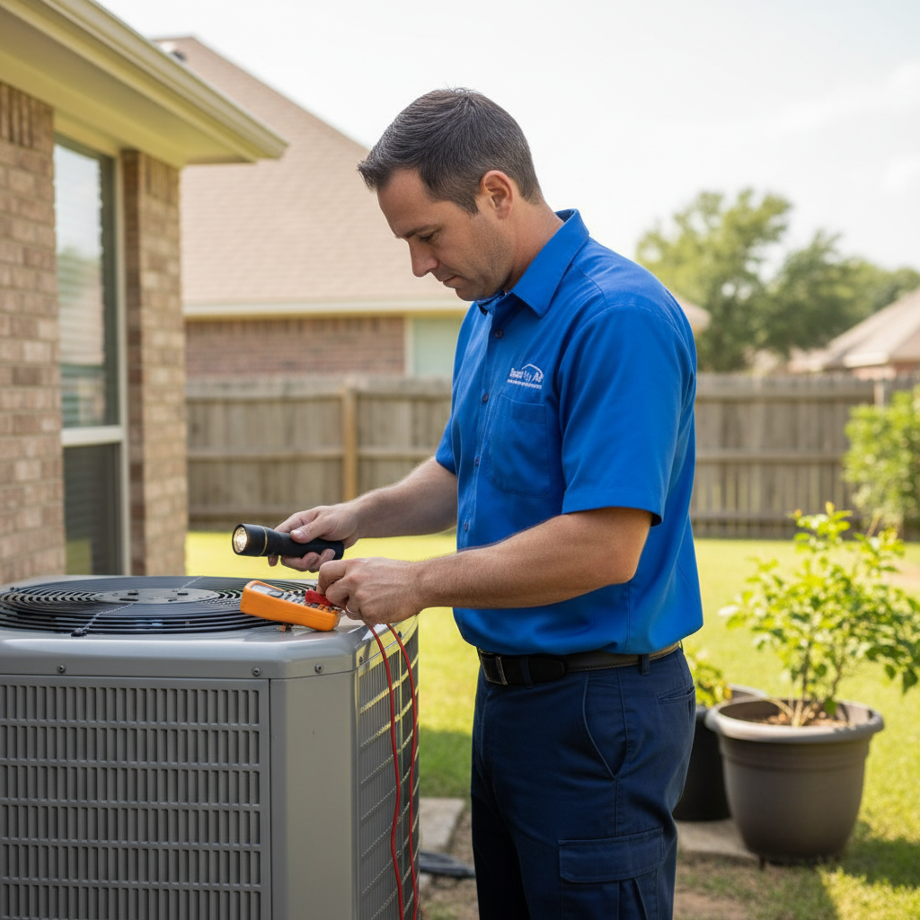 Boost My Air technician inspecting an outdoor AC unit for maintenance in Grand Prairie, TX and the DFW metroplex.