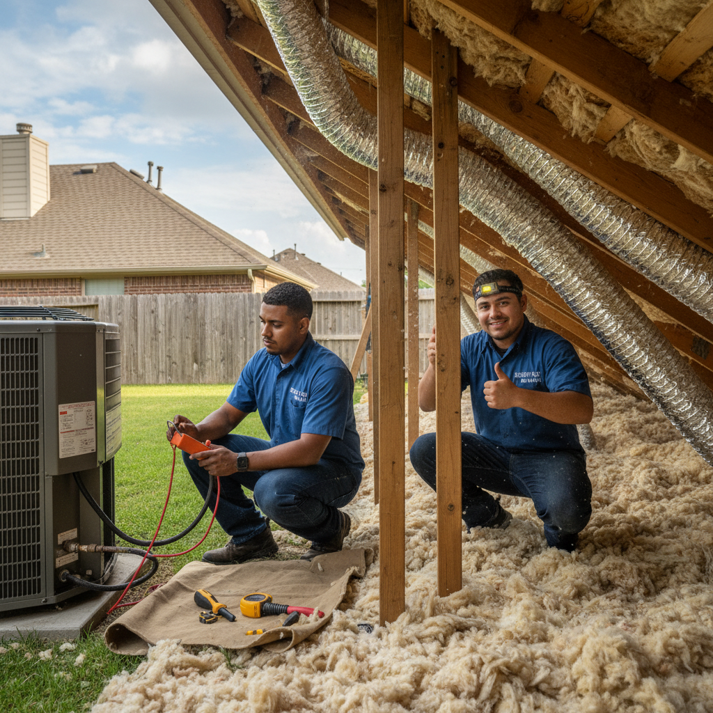 Boost My Air technician inspecting an outdoor AC unit in a Grand Prairie, TX backyard.