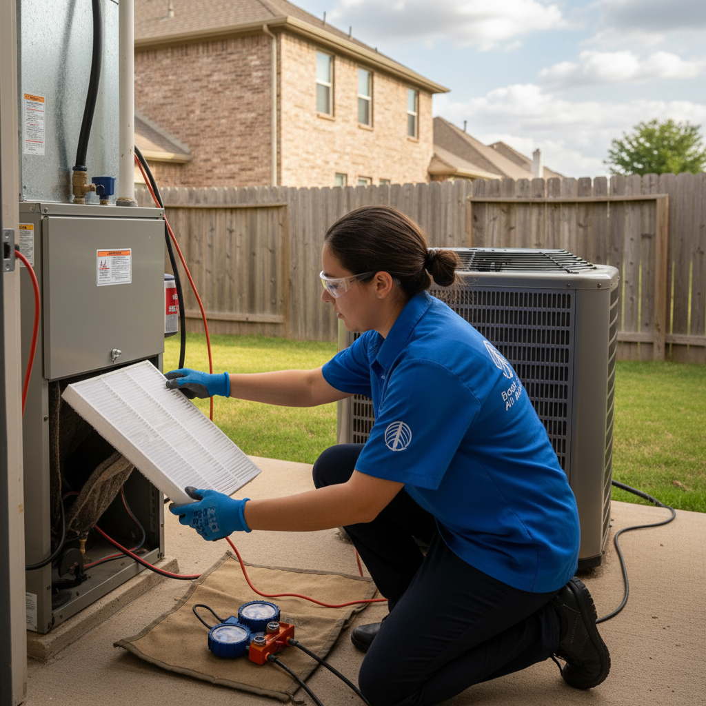 Boost My Air technician inspecting an outdoor AC unit in a Grand Prairie, TX backyard. Professional DFW metroplex HVAC service.