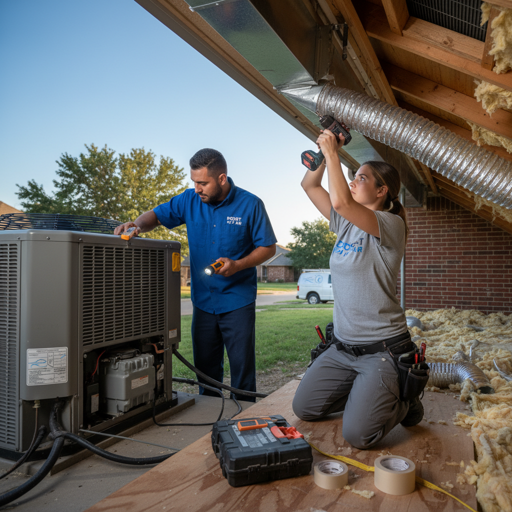 Boost My Air technician inspecting an outdoor AC unit in a Grand Prairie, TX home.