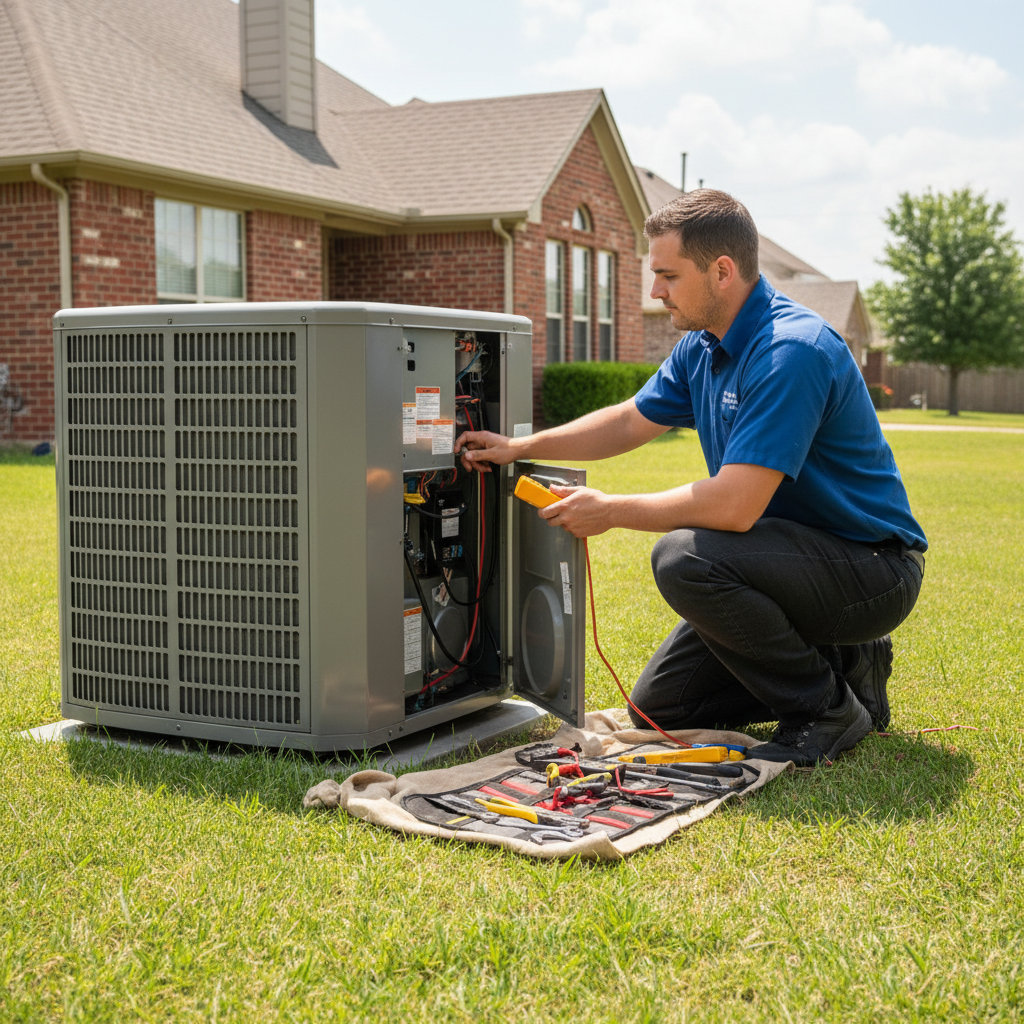 Boost My Air technician inspecting an outdoor AC unit in a residential backyard in DFW metroplex.