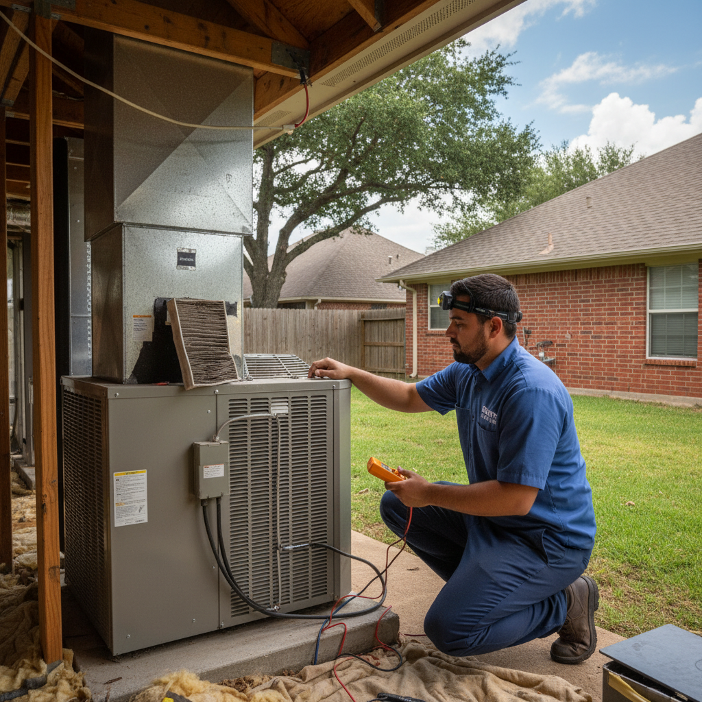 Boost My Air technician inspecting an outdoor AC unit in Grand Prairie, TX.