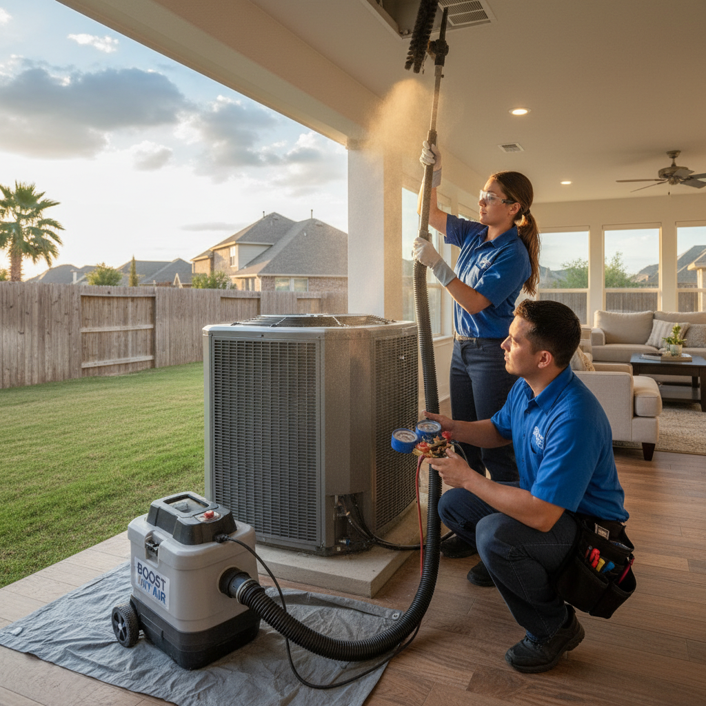 Boost My Air technician inspecting an outdoor AC unit in Grand Prairie, TX, DFW metroplex.