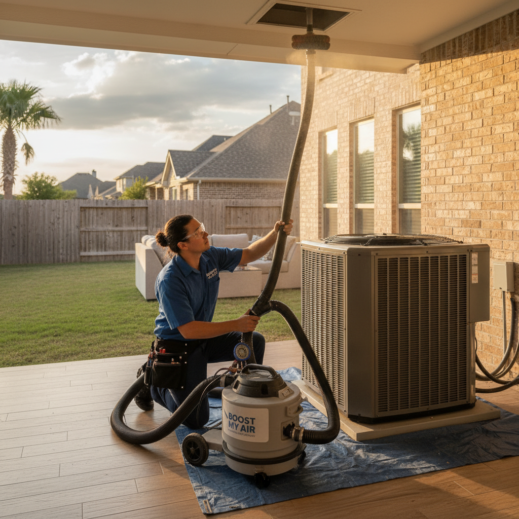 Boost My Air technician inspecting an outdoor AC unit in Grand Prairie, TX, DFW metroplex.