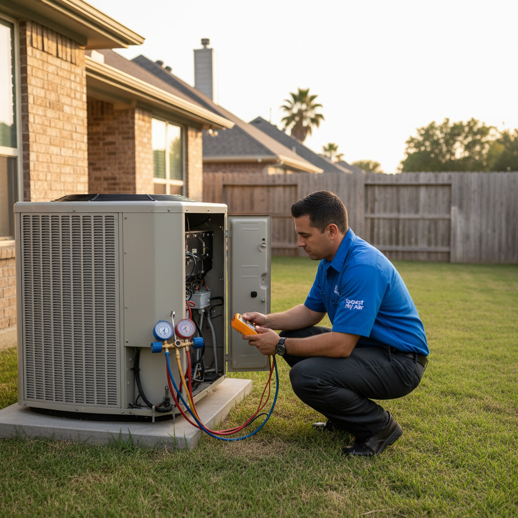 Boost My Air technician inspecting an outdoor condenser unit for HVAC service in Grand Prairie, DFW metroplex.