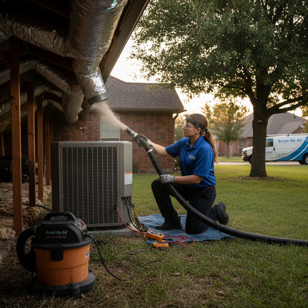 Boost My Air technician inspecting an outdoor HVAC unit in a residential Grand Prairie, TX backyard.