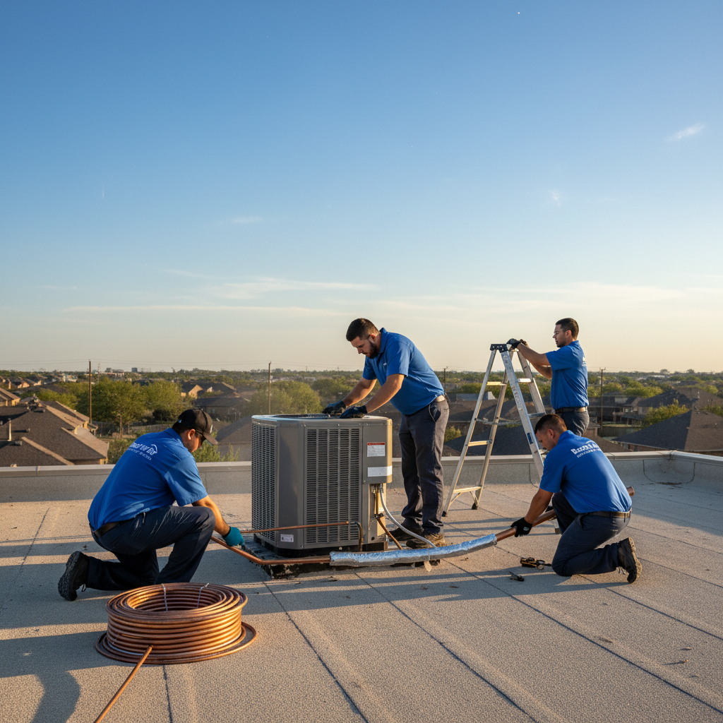 Boost My Air technician installing a new air conditioning unit in Grand Prairie, TX.