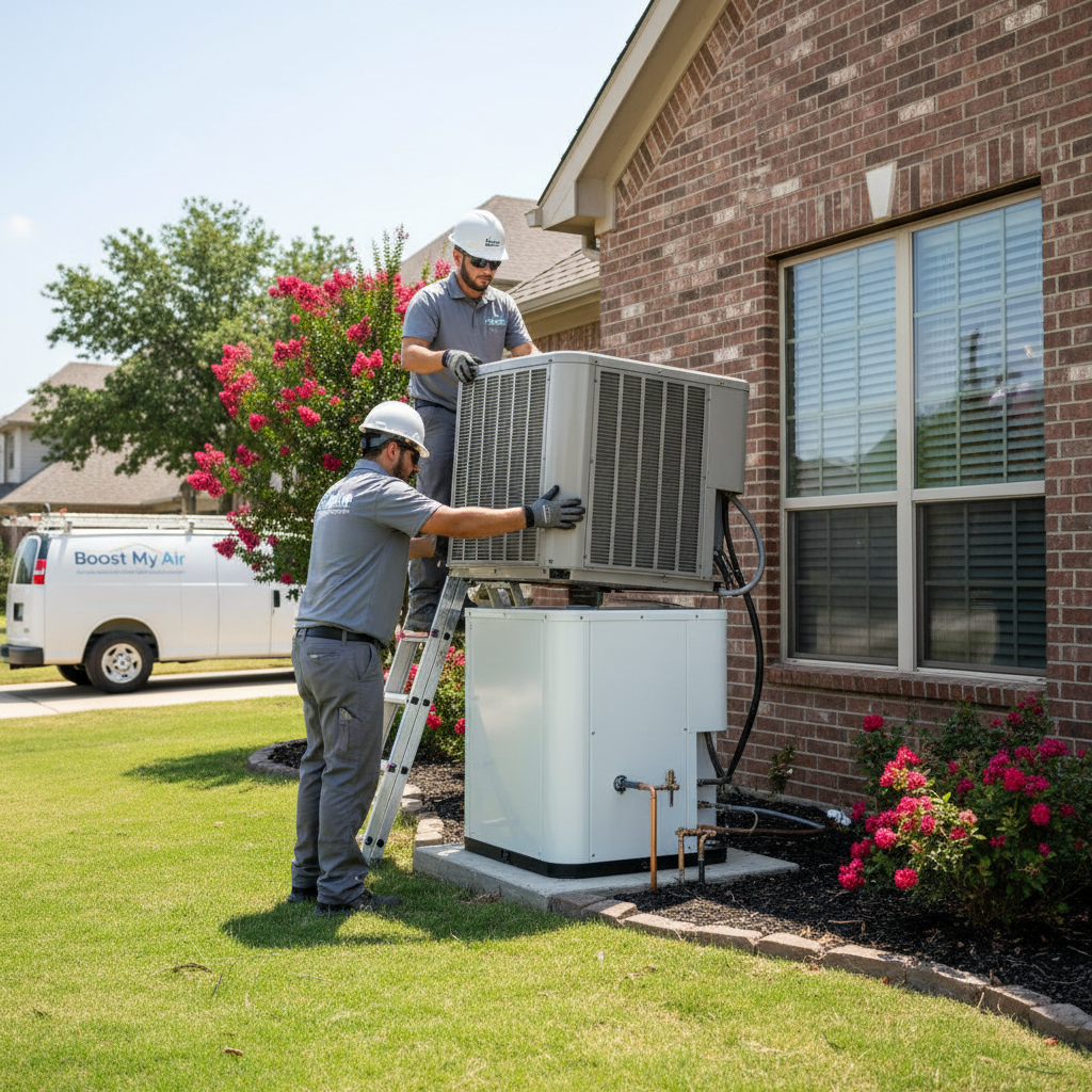 Boost My Air technician installing a new air conditioning unit at a Grand Prairie, TX residence.
