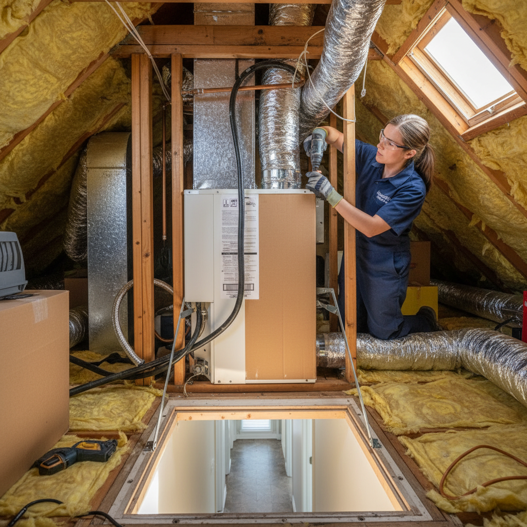 Boost My Air technician installing a new air conditioning unit in a Grand Prairie, TX home.