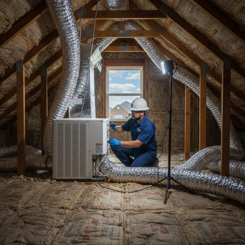 Boost My Air technician installing a new air conditioning unit in a residential attic in Grand Prairie, TX.