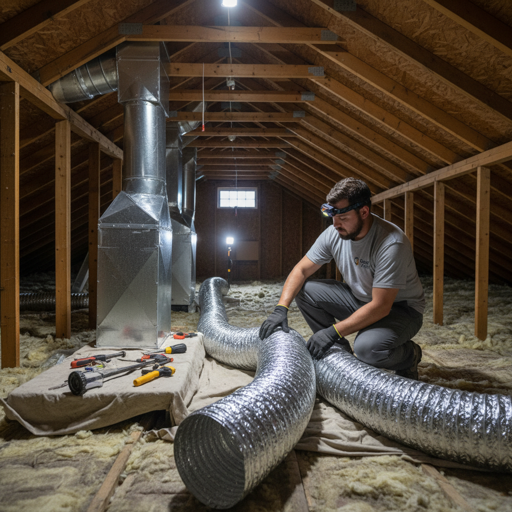 Boost My Air technician installing a new air duct system in a DFW metroplex attic, ensuring proper ventilation.