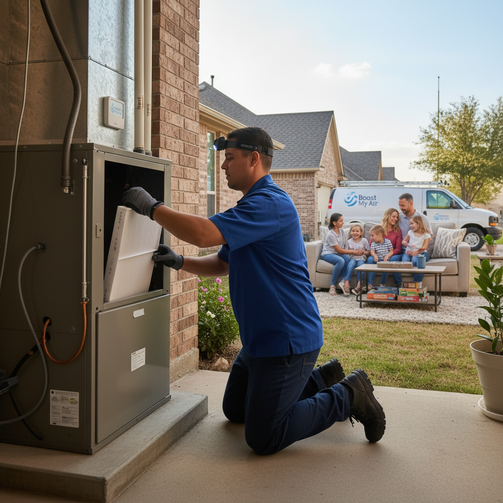 Boost My Air technician installing a new air filter for optimal air quality in the DFW metroplex, TX.