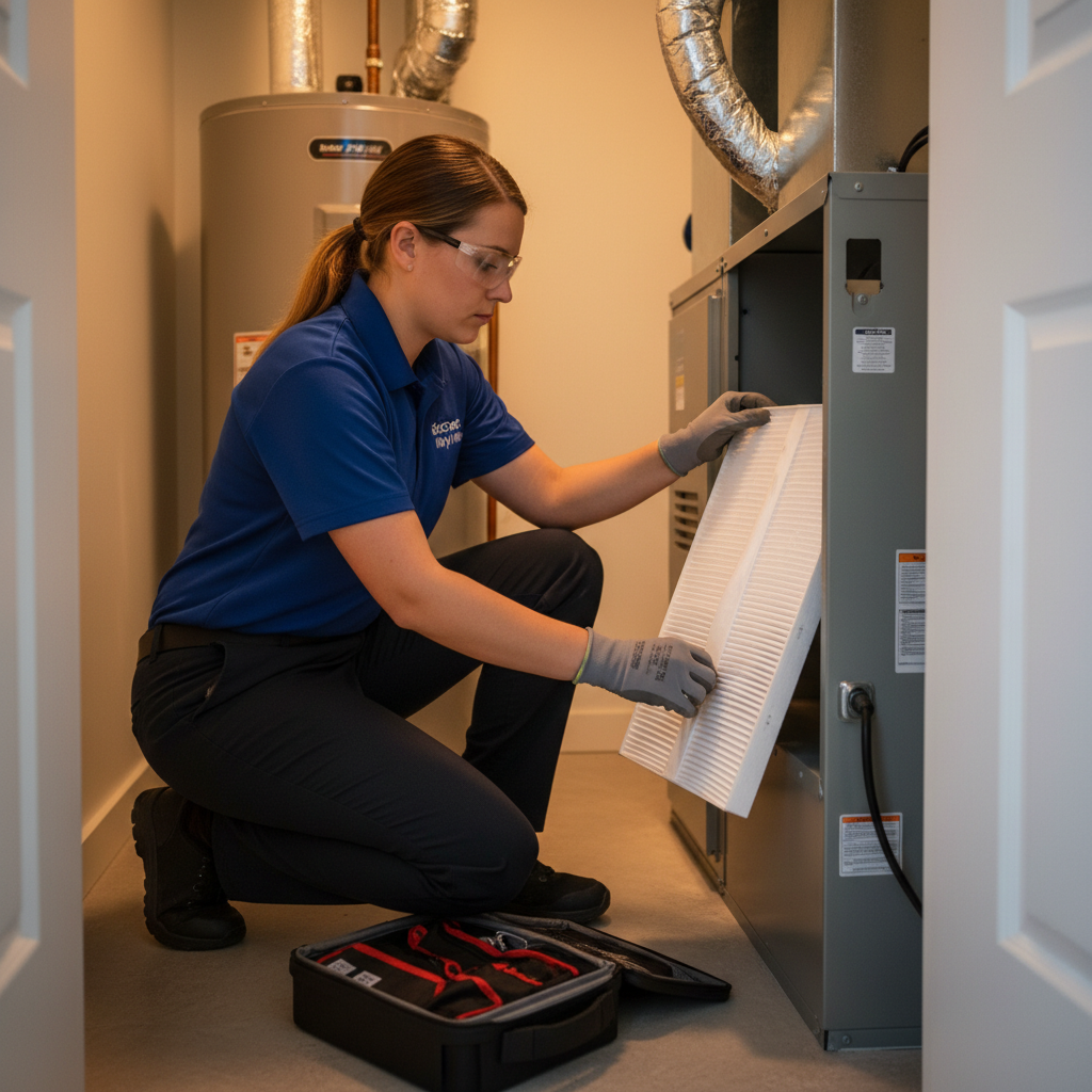 Boost My Air technician installing a new air filter in a Dallas-Fort Worth, TX home, ensuring clean air.